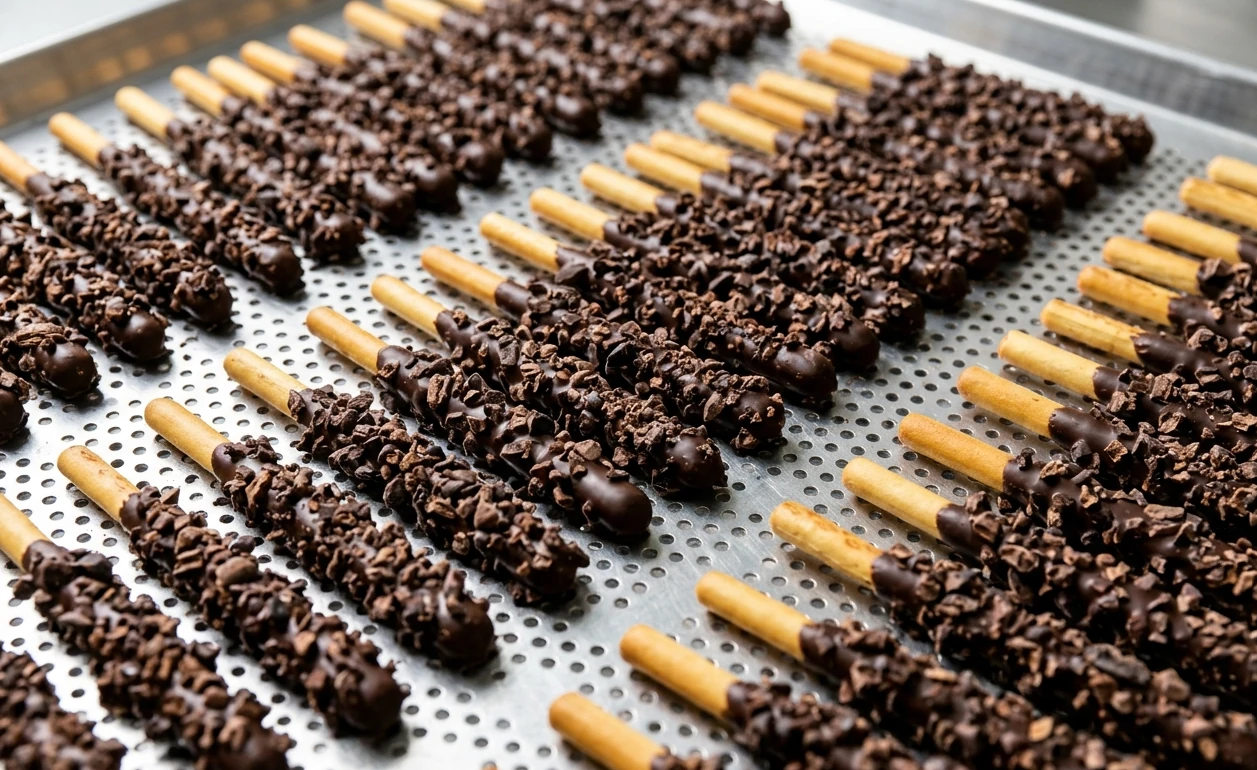 Finished chocolate and textured coated cylindrical cookies arranged on a tray